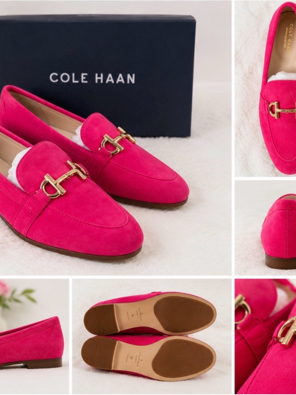 Cole Haan Fuchsia Suede Loafers with Gold Hardware